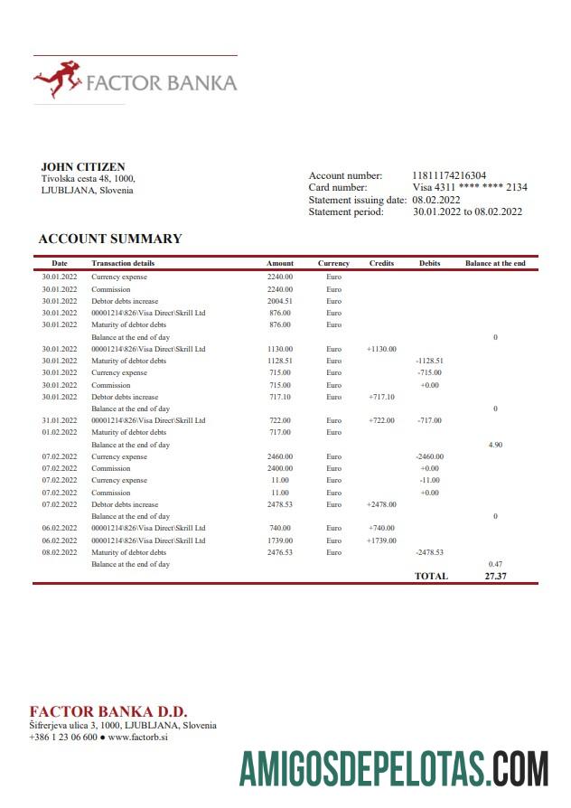 Slovenia Factor Banka modelo de extrato bancário